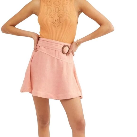Free People Pink Higher Ground A-Line Skirt Linen Blend Flowy Belted Waist M* - Picture 14 of 14
